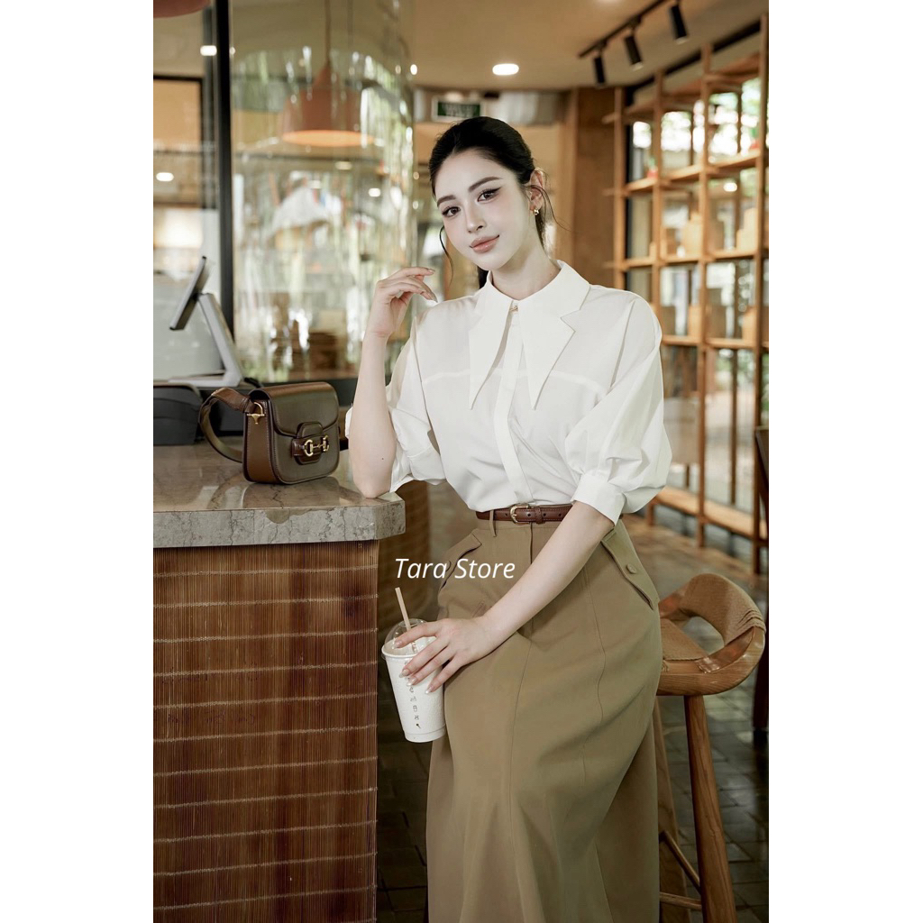 CT114 เสื้อเชิ้ตแขนพองคอปก + กระโปรงยาวเอวสูง สไตล์ Working Woman ลุคหรูดูแพง Quiet Luxury