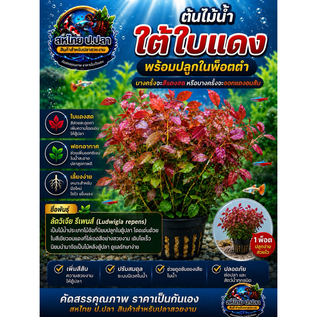 ต้นใต้ใบแดง พร้อมปลูก ในกระถางพ็อตดำ อยู่ในน้ำทนมาก รากออกมากแข็งแรง เติมสีสันให้ตู้ปลา อ่างปลาของคุณดูโดดเด่นยิ่งขึ้น