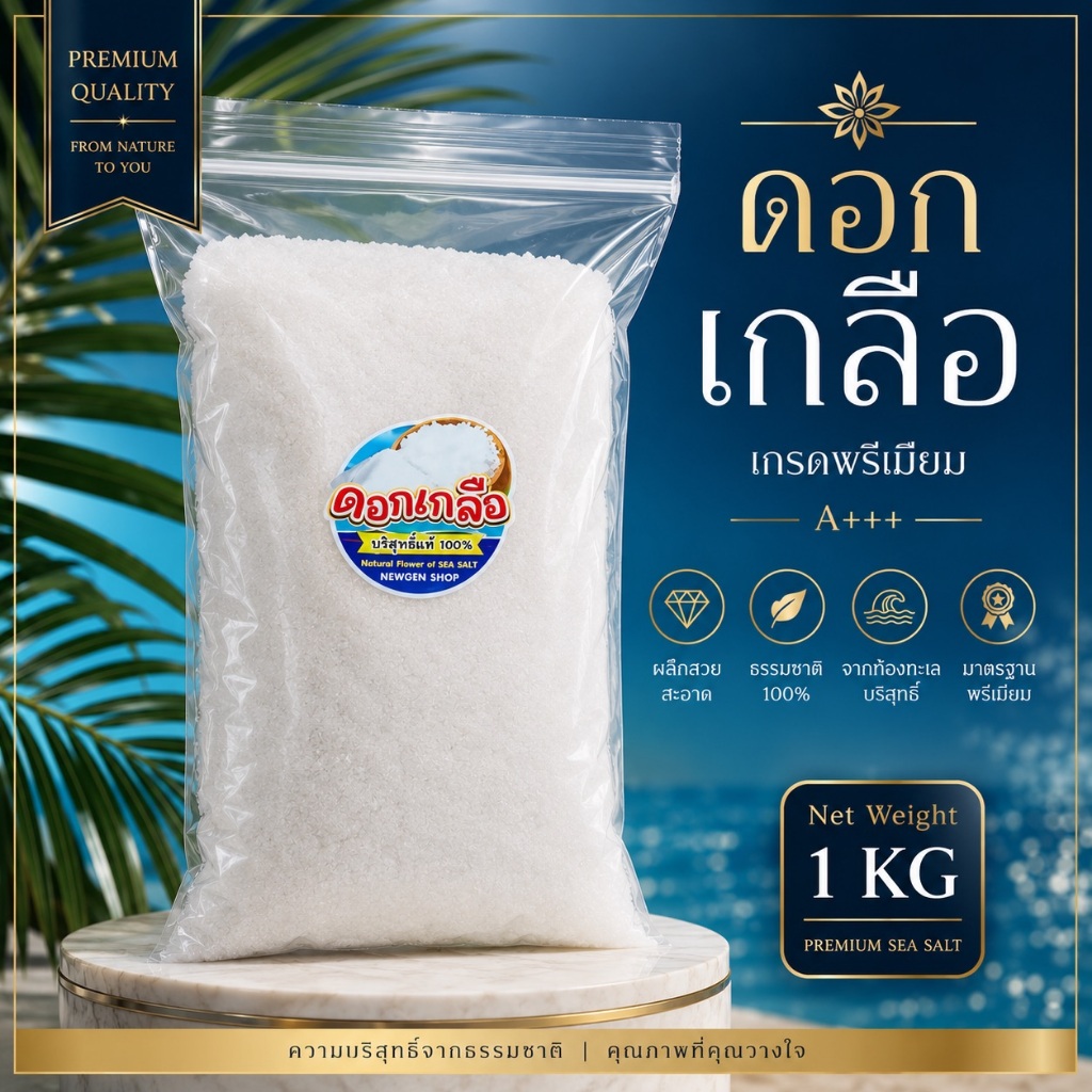 ดอกเกลือ เกรดพรีเมี่ยม คัดพิเศษขนาด 1 KG บริสุทธิ์ 100% ปลอดภัย ไม่ฟอกสี จากนาเกลือสมุทรสงคราม