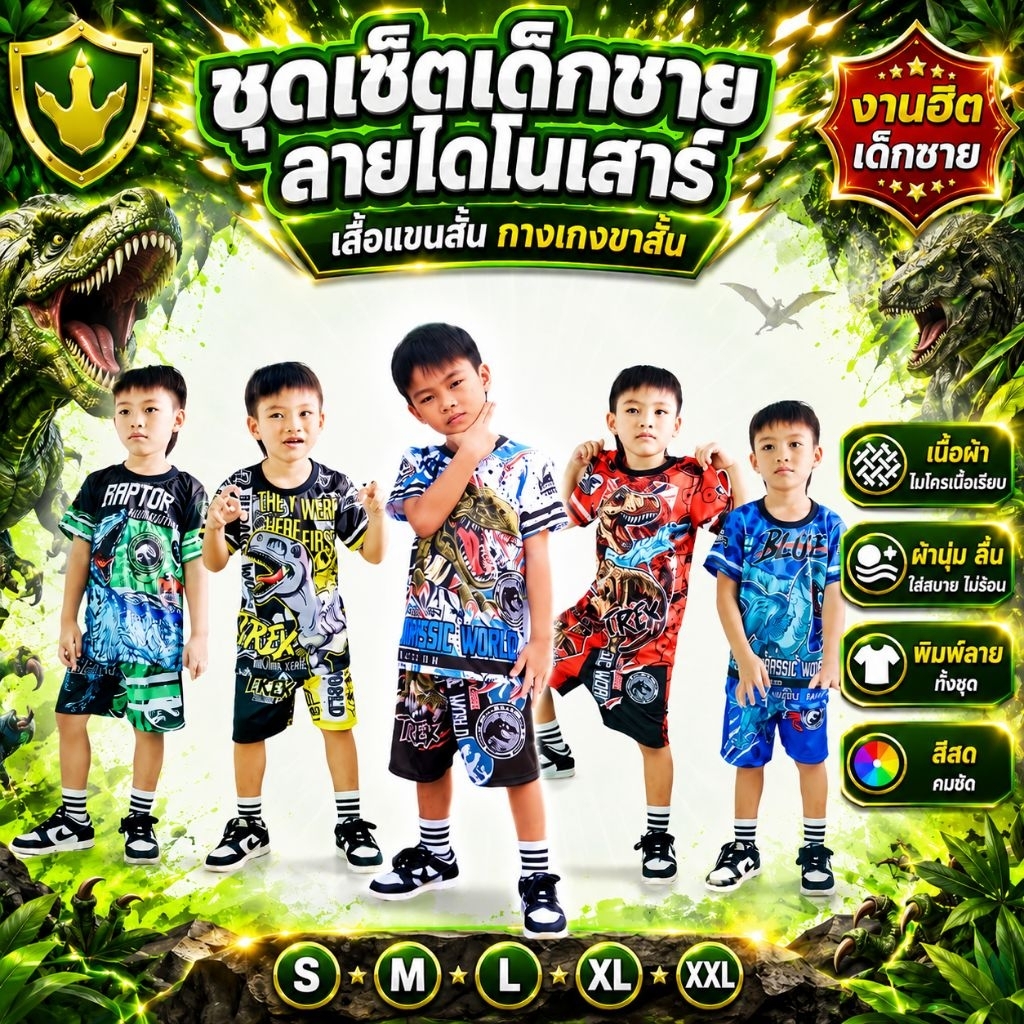 ชุดเด็กผู้ชายลายไดโนเสาร์ เสื้อแขนสั้นกางเกงขาสั้น ผ้าไมโคร(ผ้ามัน) พิมพ์ลายทั้งชุด