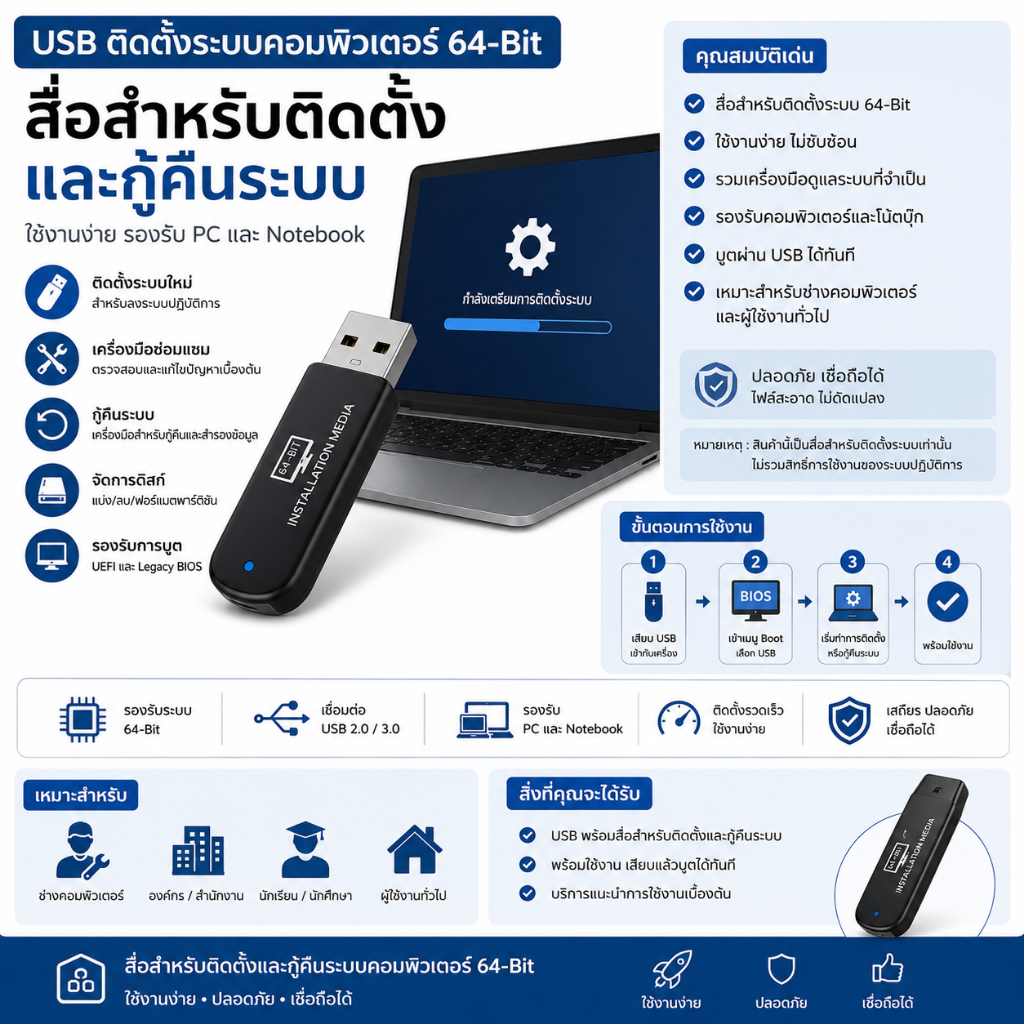 บริการจัดเตรียม USB สำหรับล้างเครื่อง-ติดตั้งระบบใหม่-10 ภาษาไทย.32บิท/64บิท พร้อมใช้งาน สำหรับ PC / Notebook