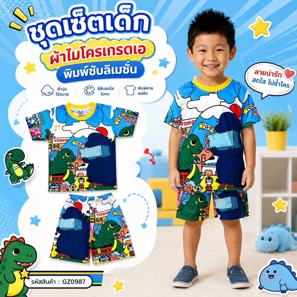 (GZ0987) เสื้อผ้าเด็ก เสื้อแขนสั้น+กางเกงขาสั้น เนื้อผ้าไมโครเกรดA ลายก็อดซิล่า ชุดเด็กแฟชั่น ชุดเด็กลายการ์ตูน
