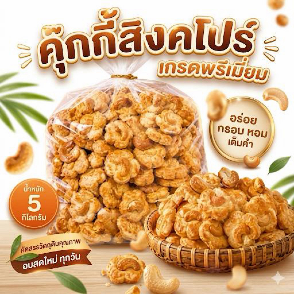 คุกกี้สิงคโปร์ พรีเมี่ยม 5kg อบควันเทียน เม็ดมะม่วงหิมพานต์เต็มคำ หอม กรอบ มัน (ยกลัง/ขายส่ง)