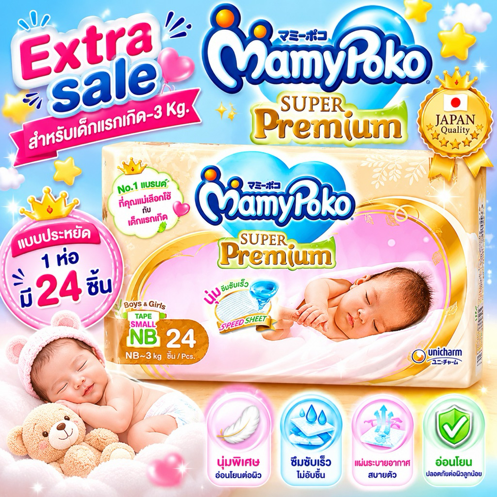 💗พิเศษสุดMamy Poko Tape Organic Newborn- 3 kg