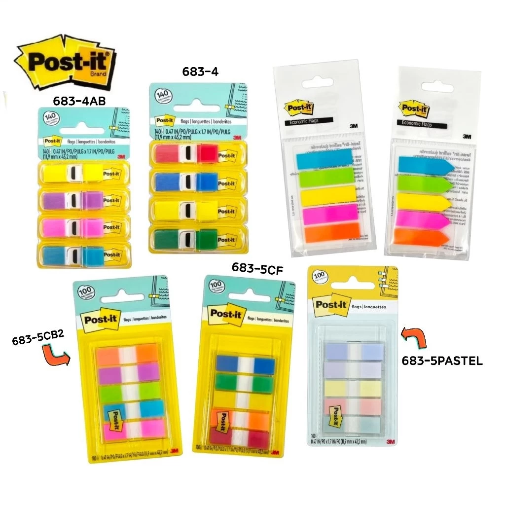 3M Post-it Flags โพส-อิท แฟล็กซ์ ขนาด 0.47"×1.7" สำหรับคั่นหน้า จัดหมวดหมู่ สามารถเขียนทับได้