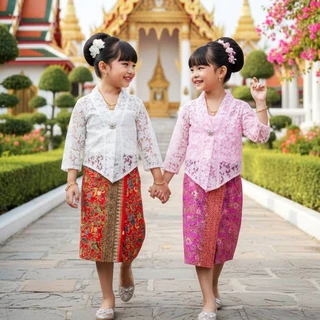 ชุดไทยเด็ก ปาเต้ะลูกไม้ ชุดพื้นเมือง เซท3ชิ้น เสื้อตัวในอัดพลีท เสื้อคลุมลูกไม้ กระโปรงผ้าปาเต้ะ