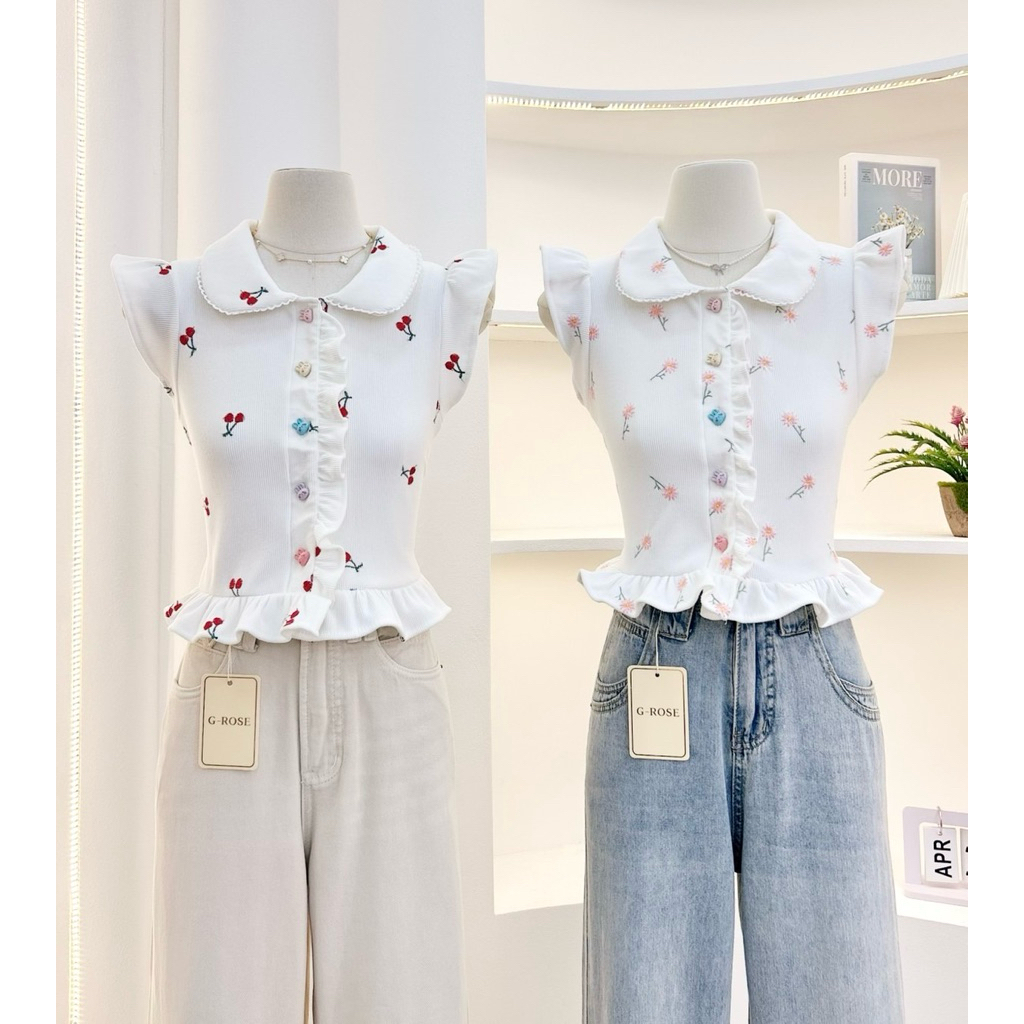 G-rose เสื้อแขนกุดปกหยัก ผ้าร่องลายริ้ว