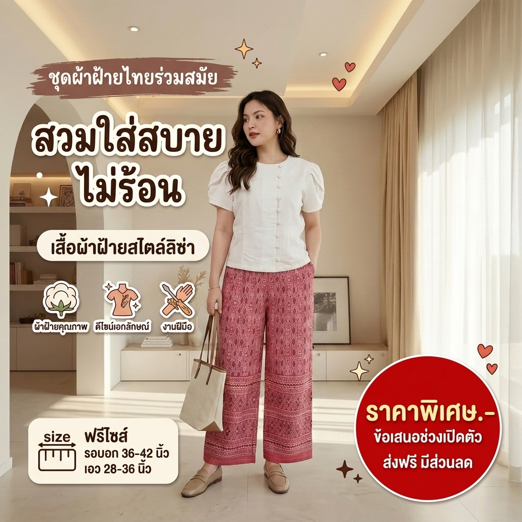 ชุดผ้าไทยประยุกต์ ผู้หญิง รุ่นลลิน ชุดเชต เสื้อผ้าฝ้าย + กางเกงผ้าพื้นเมือง เอวยางยืด  #Nutsinee