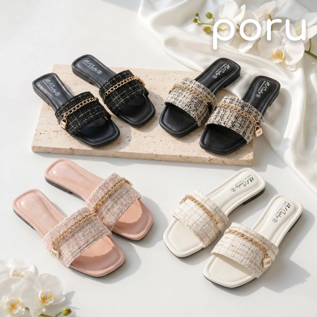 [ส่งฟรี]Poru รองเท้าแฟชั่น รองเท้าแตะสวม ผ้าทวิต กระเป๋า สไตล์มินิมอล