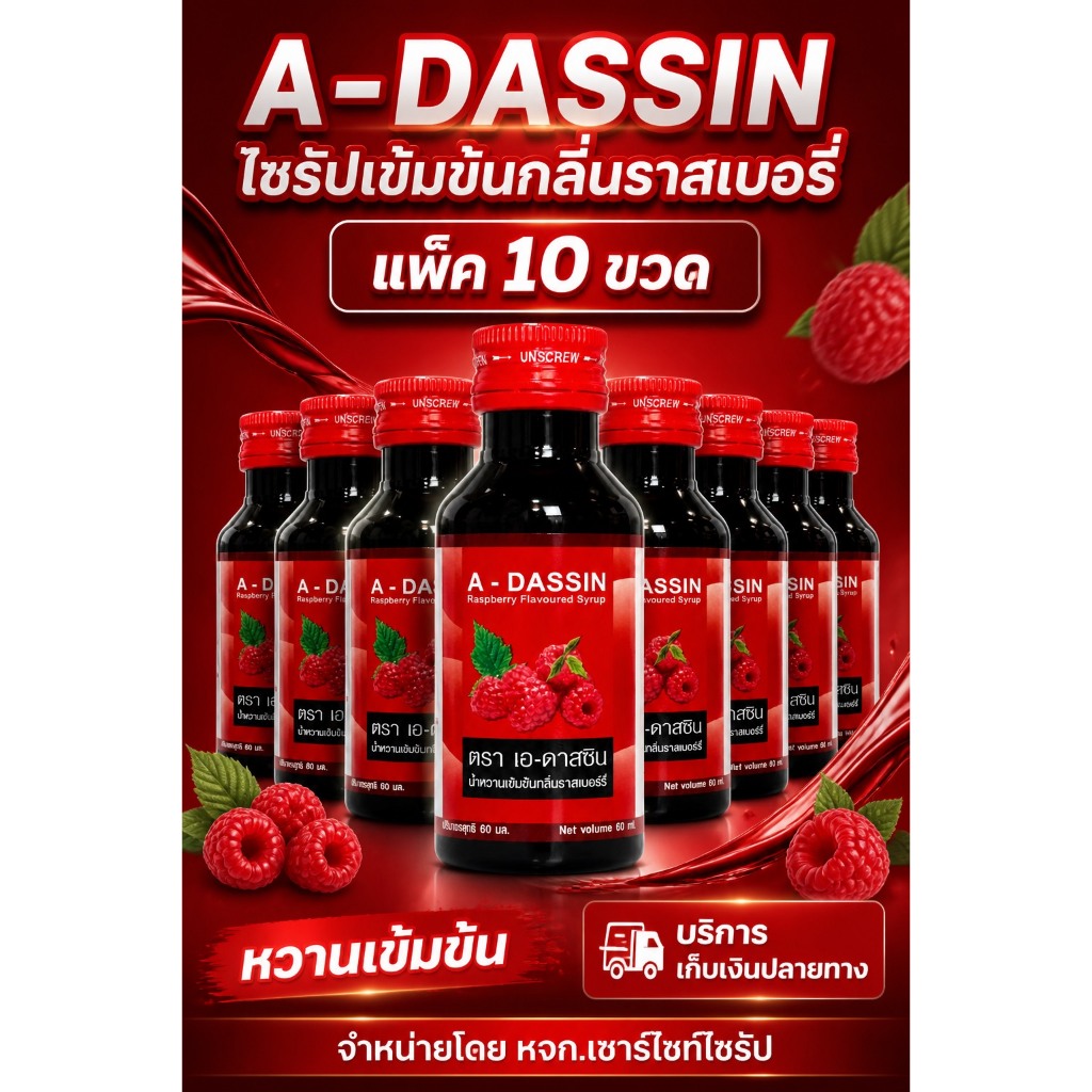 แพ็ค 10 ขวด A-DASSIN น้ำหวานเข้มข้นกลิ่นราสเบอรี่ ขนาด 60 ML จำนวน 10 ขวด ADS-10