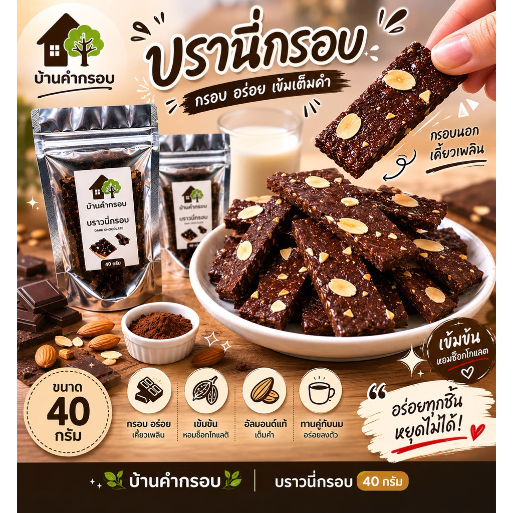 บราวนี่กรอบ 40 กรัม(เพิ่มปริมาณจากเดิม) เข้มข้นดาร์กช็อกโกแลต