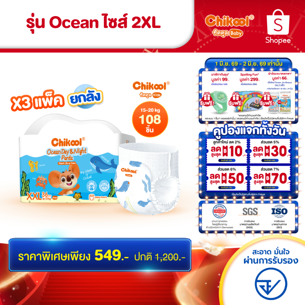 [ขายยกลัง x3 แพ็ค] Chikool Ocean Day&Night Pants ชิคคูล กางเกงผ้าอ้อมเด็ก โอเชียน เดย์&ไนท์ ไซส์ 2XL 108 ชิ้น