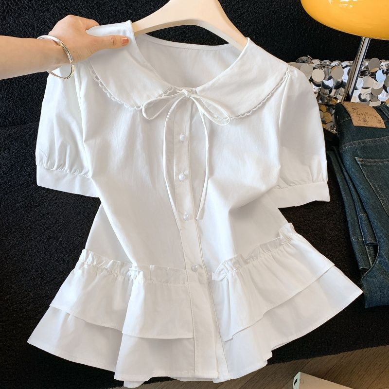 Mona~ลูกไม้ สีทึบ ผูกขึ้น แขนสั้น เสื้อเชิ้ต เวอร์ชั่นเกาหลี สไตล์ใหม่