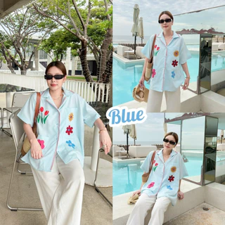 BEACH BLOOM SHIRT เสื้อเชิ้ตผู้หญิงโอเวอร์ไซส์แขนสั้น ปักลายกระเป๋า เสื้อเชิ้ตเกาหลี เสื้อคลุมผู้หญิง ผ้านุ่มใส่สบาย