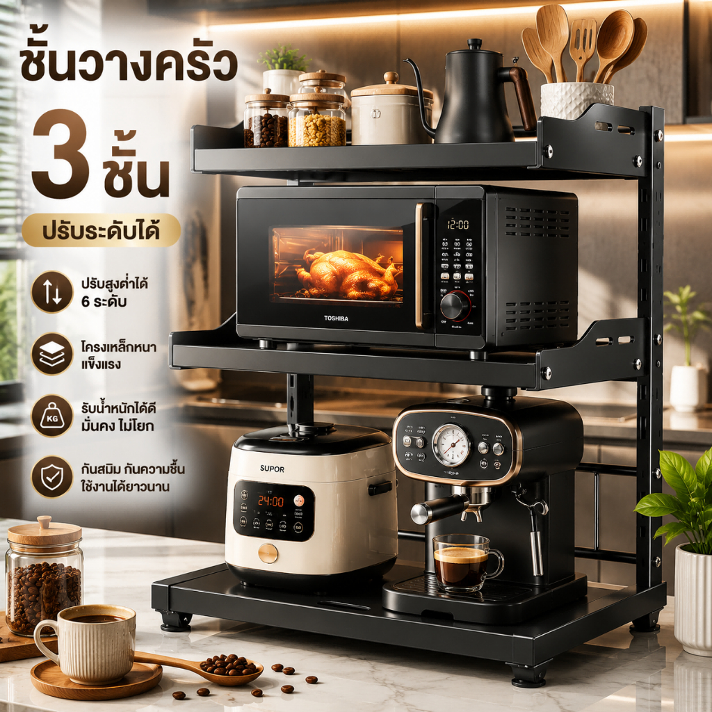 ชั้นวางไมโครเวฟพร้อมชั้นเลื่อนดึงออกได้ ปรับระดับชั้นได้ 6 ระดับ ประหยัดพื้นที่ในครัว