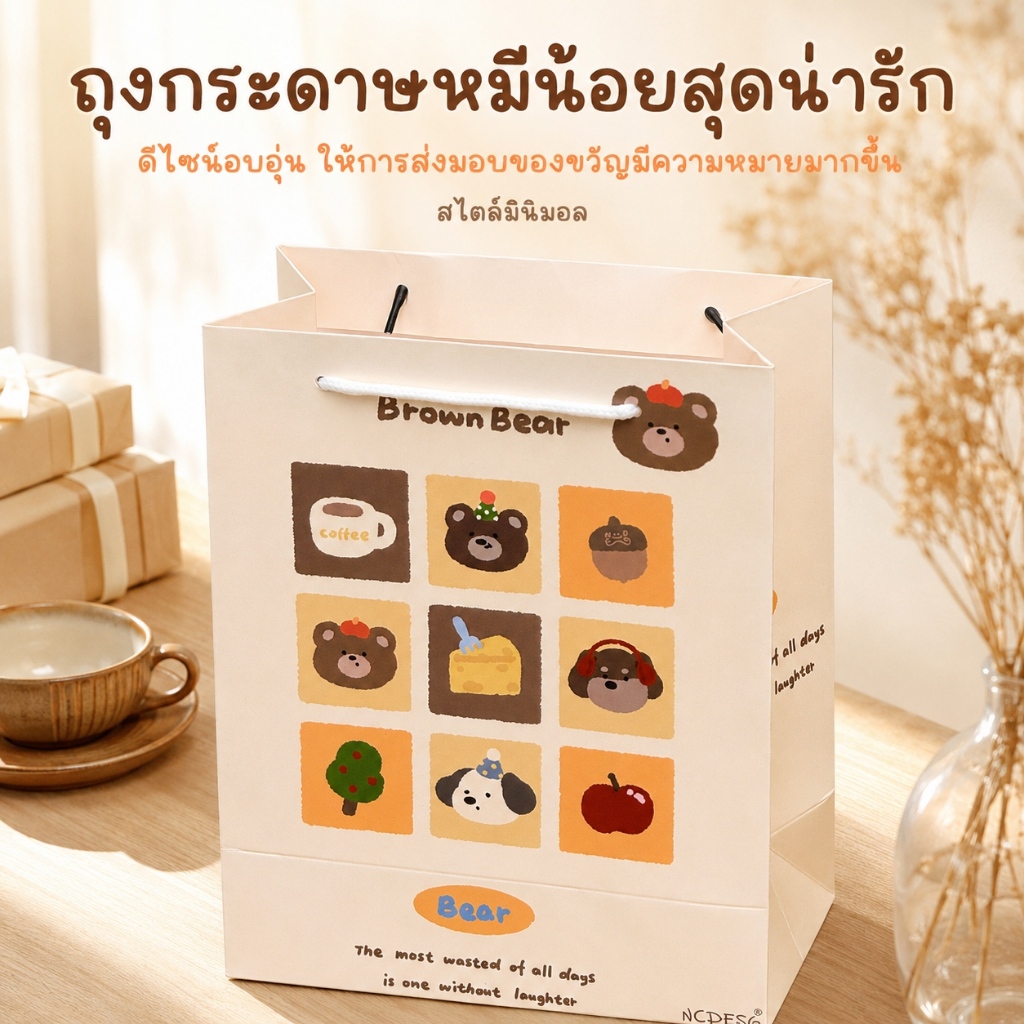 ถุงของขวัญวันเกิดลายหมีเบเกอรี่น่ารัก 3ขนาด ทรงแนวตั้ง กระดาษหนาพิเศษ หูหิ้วแข็งแรง ใส่ของขวัญ ขนม ของชำร่วย