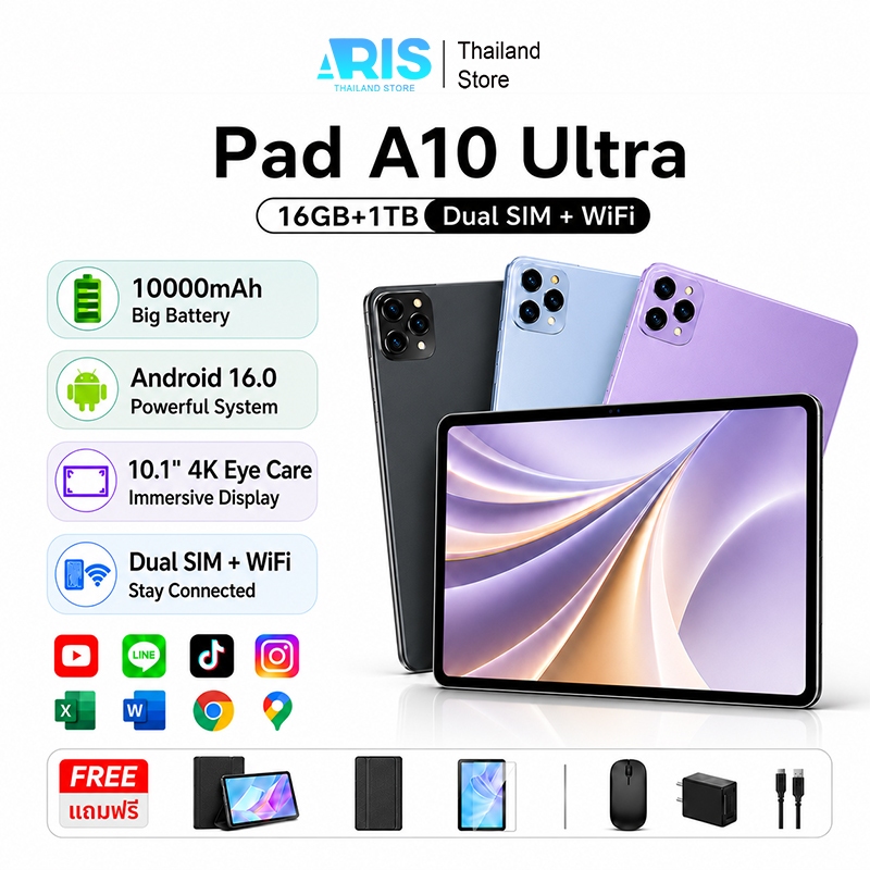 Tablet 5G Android 16 แรม 16GB รอม 512GB แท็บเล็ต 10.1 นิ้ว Full HD Dual SIM 5G /wifi รับประกัน 3 ปี