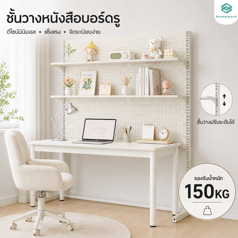 Homemark ชั้นวางหนังสือบอร์ดรู 185/165cm ชั้นวางของบนโต๊ะ ชั้นปรับระดับได้ โครงเหล็ก รับน้ำหนัก 150KG ชั้นวาง