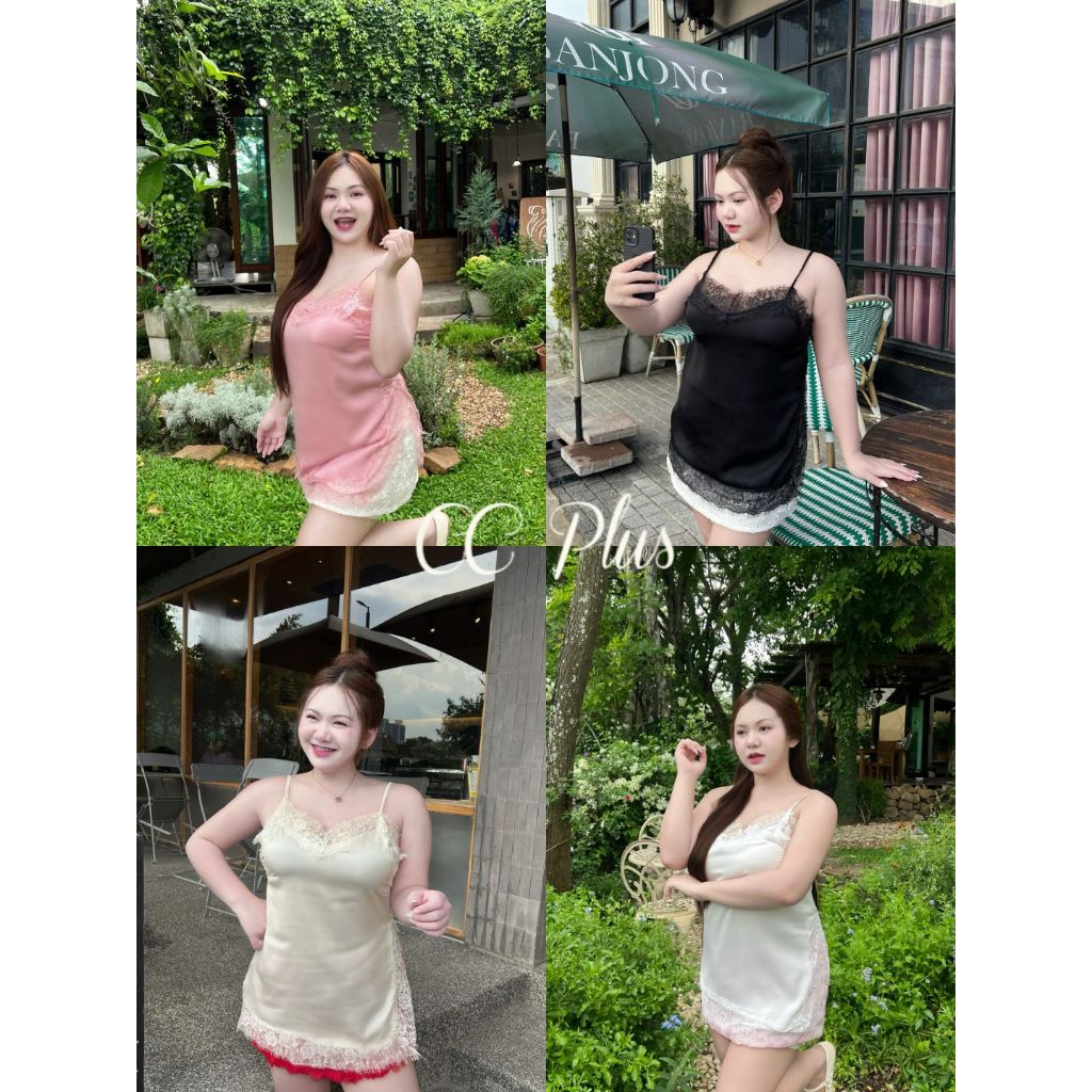 CiCi Plus+(3090) Satin Tops เสื้อสายเดี่ยวซาตินแต่งขอบลูกไม้ ดีเทลแหวกข้าง แซ่บจึ้งมากๆ สาวอวบอ้วน