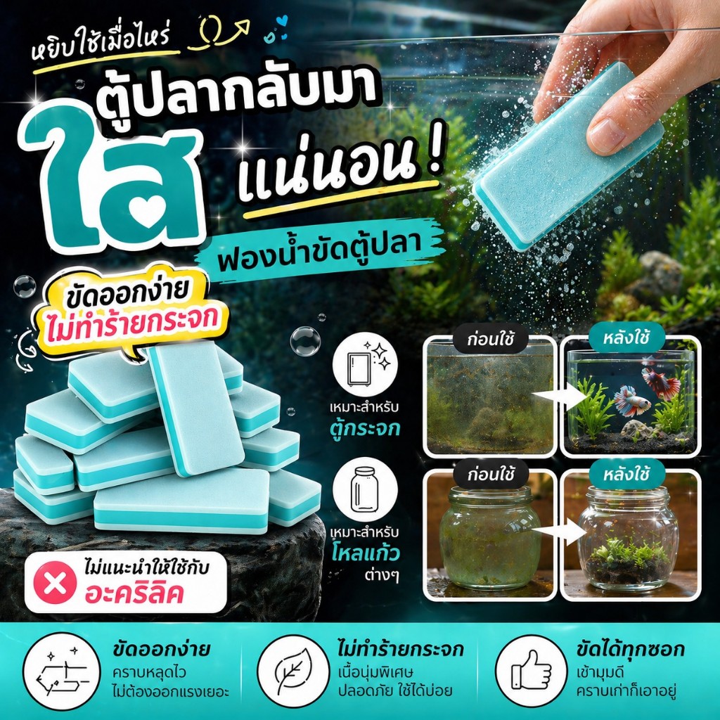 ฟองน้ำขัดตู้ปลา Aqua Buff ออกแบบมาเพื่อการทำความสะอาดตู้ปลาโดยเฉพาะ ช่วยขัดคราบหินปูน คราบตะไคร่น้ำ