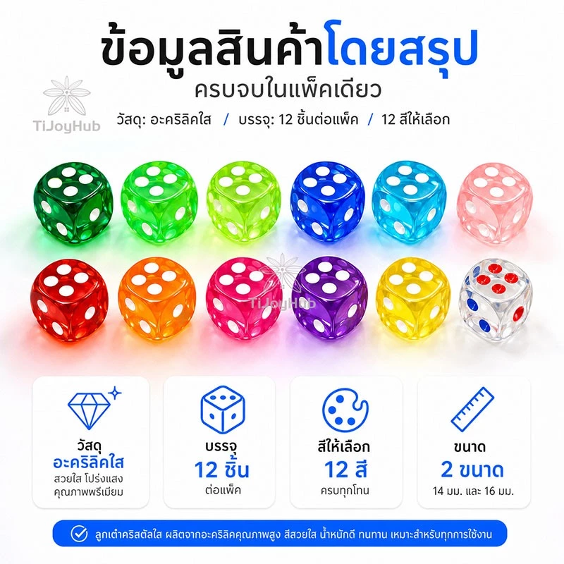 ลูกเต๋าคริสตัลใส 🎲 12 ชิ้น/แพ็ค ✨ 2 ขนาด (14/16mm) | 12 สีสดใส 🌈 เกมปาร์ตี้ สื่อการสอน thumbnail 8