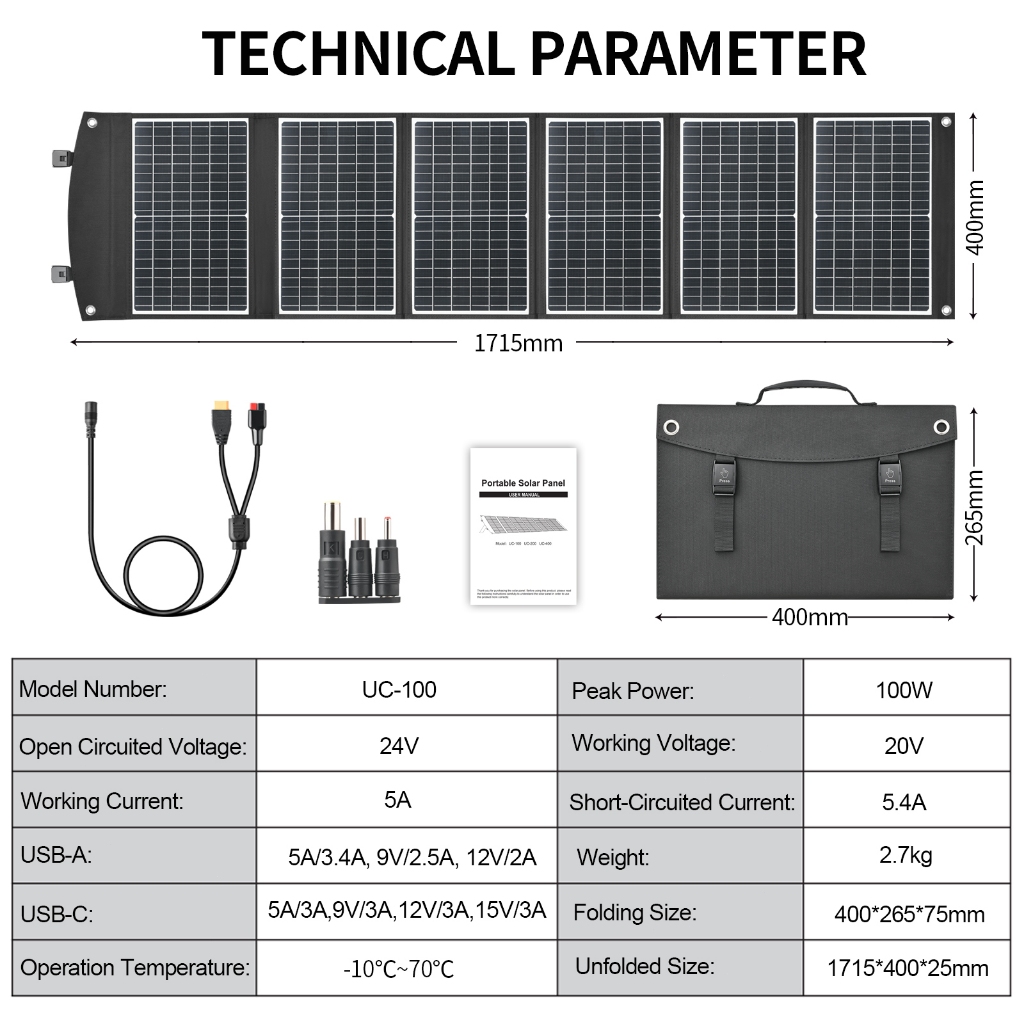 UC 100W/200W/400W Solar Panel แผงโซล่าเซลล์ IP67 แรงดันใช้งานรองรับ แผงโซลาร์เซลล์แบบพับได้พกพาสะดวก