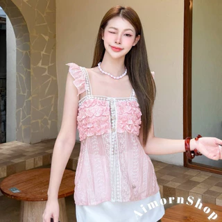 🔥aimorn_shop🔥 เสื้อระบายไหล่ แต่งลูกไม้ เป็นแค่กระดุมหน้าสวยมาก งานหรูหรา งานผ้าพริ้วใส่สบาย
