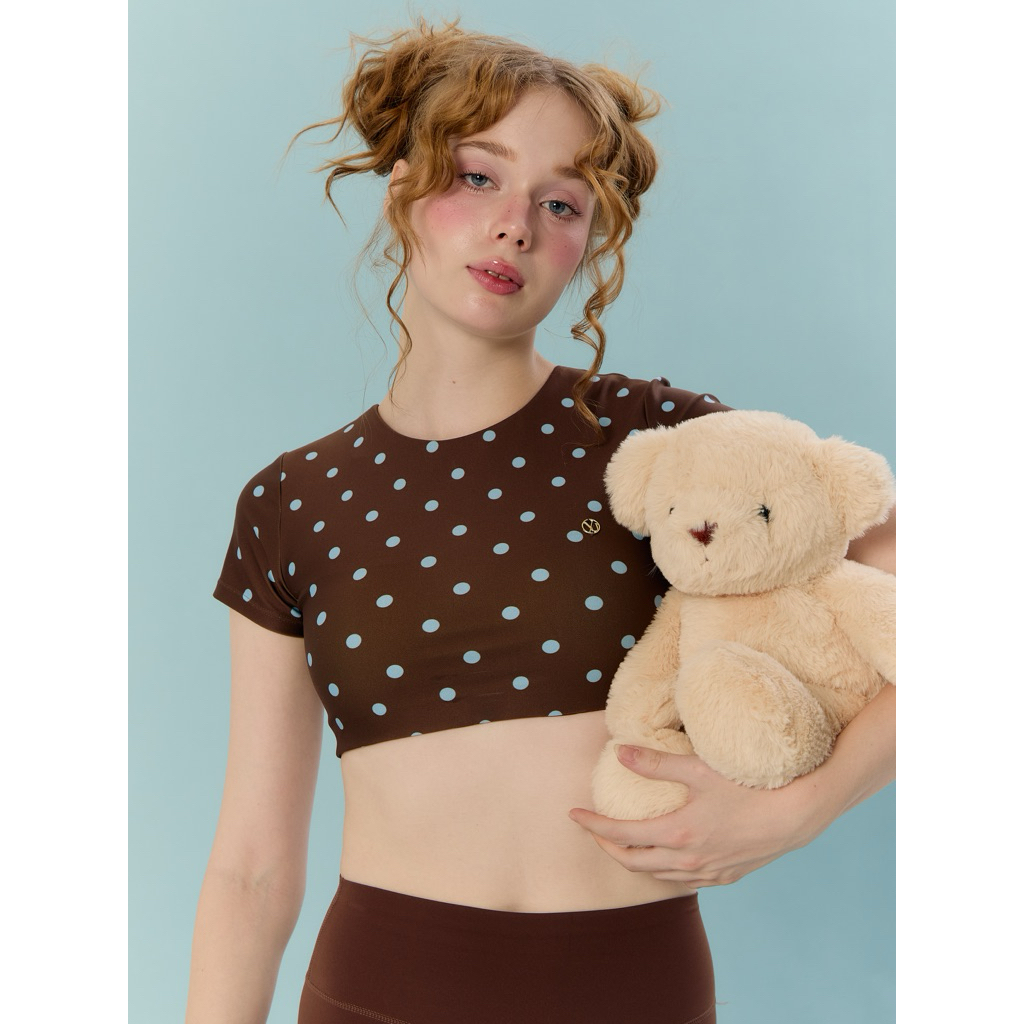 vyu polkadot baby top brown-blue เสื้อออกกำลังกายลายจุดสีน้ำตาลฟ้า