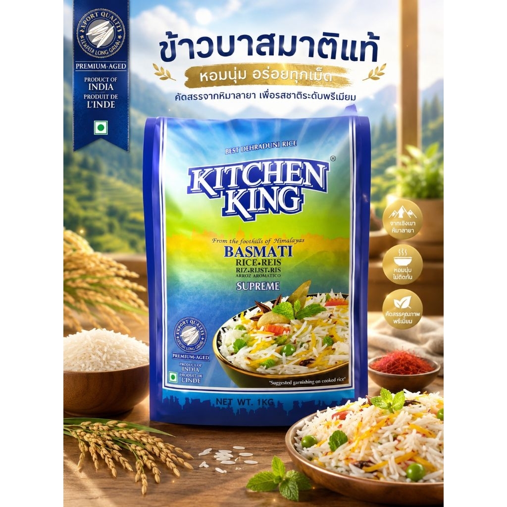 Kitchen King Basmati Rice Supreme ข้าวบาสมาติพรีเมียม 1 กก. ข้าวหอมเมล็ดยาวแท้จากอินเดีย หอมนุ่ม อร่อยทุกมื้อ