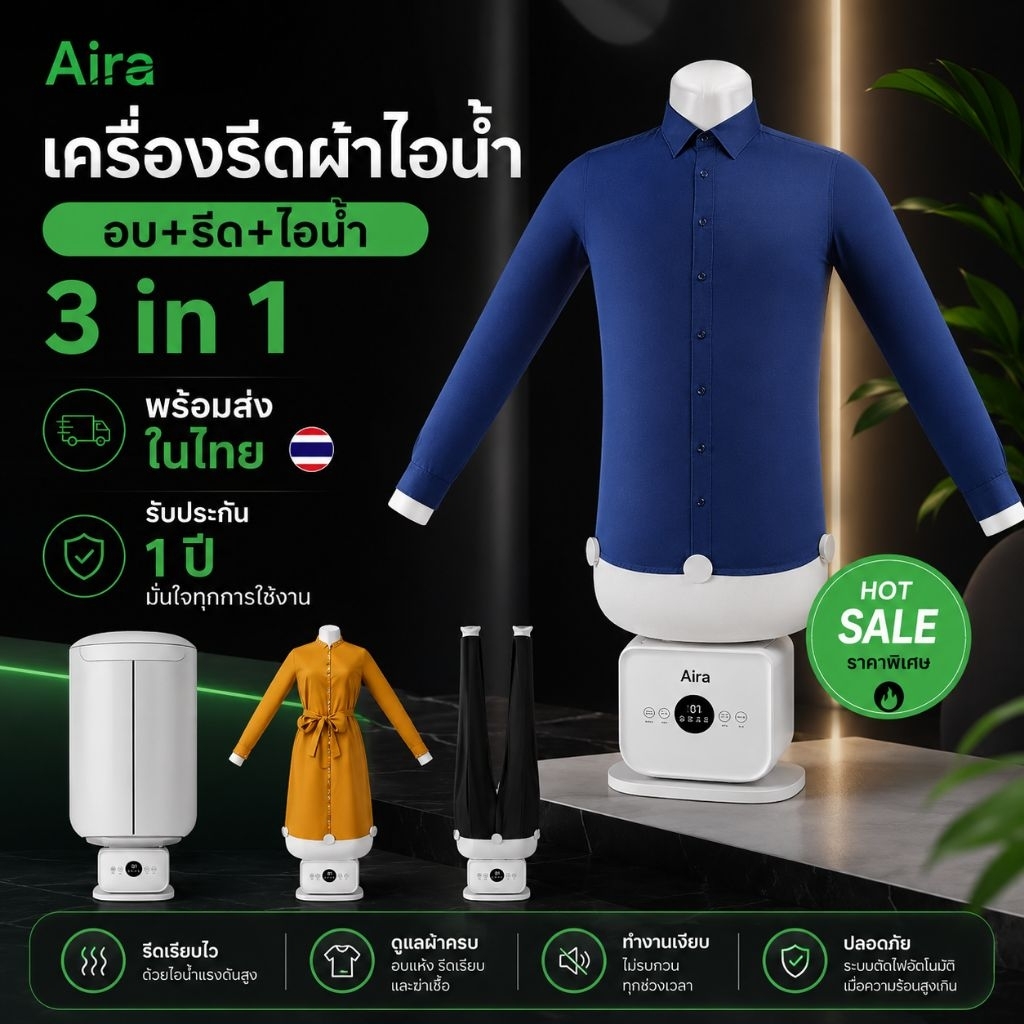 Aira - หุ่นรีดผ้าอบแห้งอัตโนมัติ 3-in-1 หุ่นรีดผ้า แห้งไว ไม่ต้องใช้เตารีด หุ่นอบผ้าอัจฉริยะ