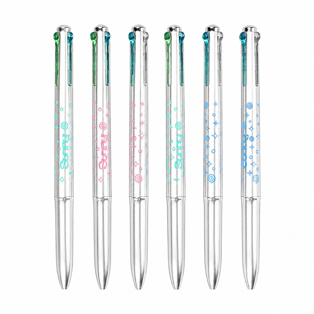 ปากกาลูกลื่นแบบดึงเก็บได้หลากสี สี่สีในหนึ่งเดียว เหมาะสำหรับการเรียนและสอบ กล่องละ 6 ชิ้น