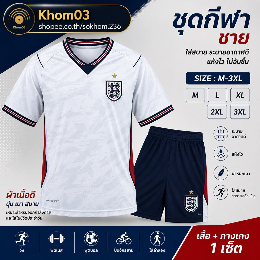 เสื้อทีมชาติอังกฤษมีจำหน่ายในขนาด M-3XL