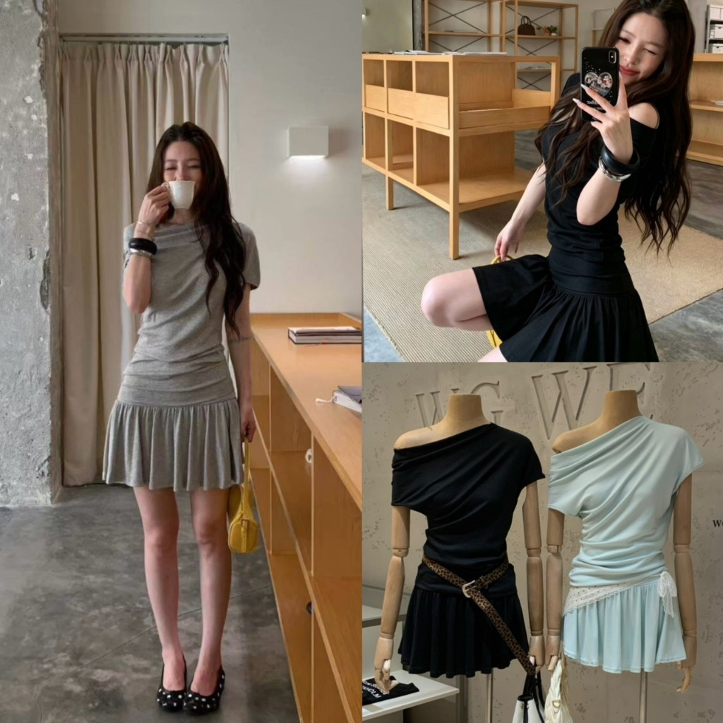 The Glamour Set เสื้อคอกว้างแขนสั้น+กระโปรงสั้นรุ่น 9602 TAG WG.WE 🇰🇷