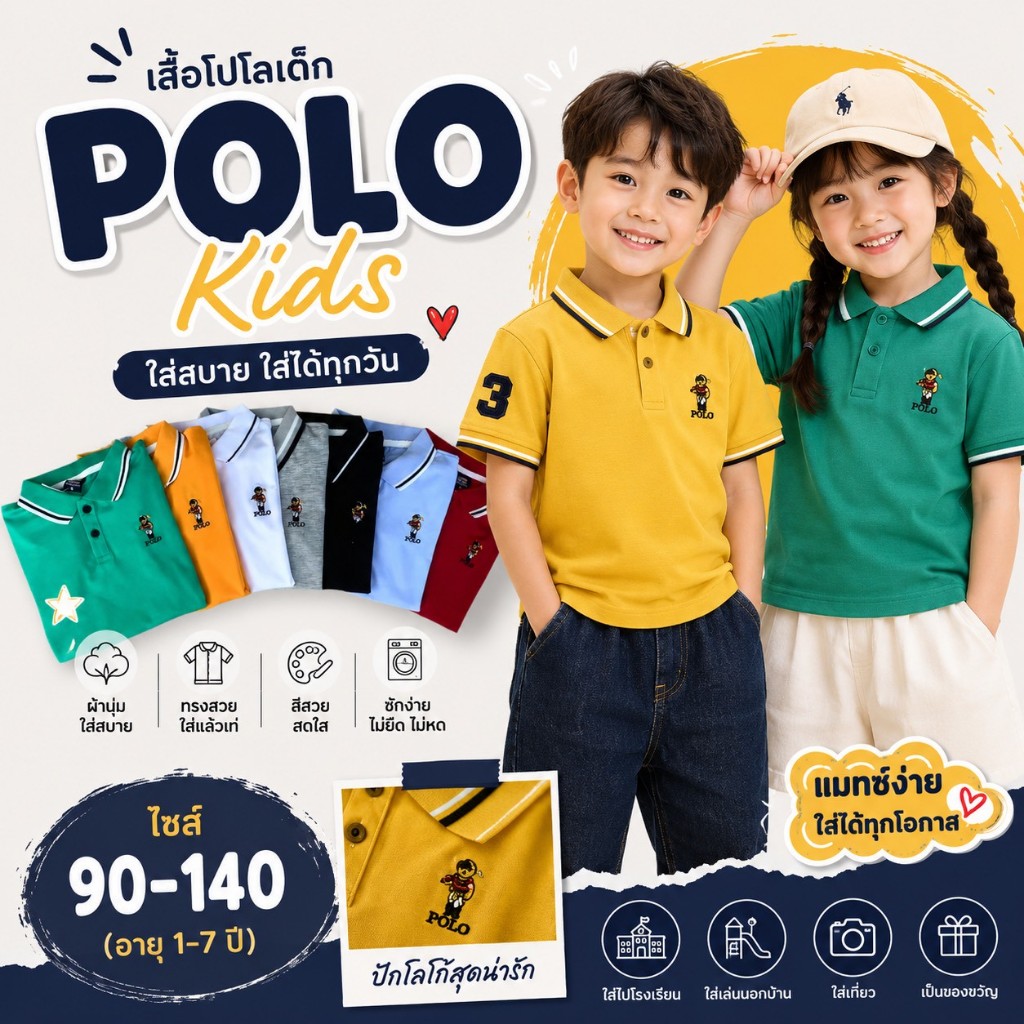 มาใหม่ เสื้อคอปกเด็ก  ปักหมี ผ้าดี สีไม่ตก ไม่หดไม่ย้วย เนื้อนุ่ม