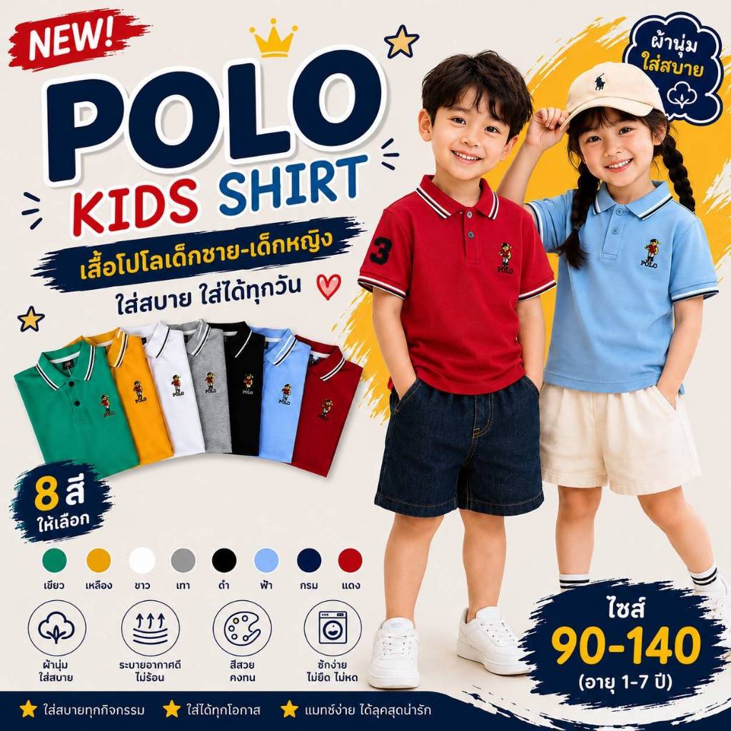 มาใหม่ เสื้อคอปกเด็ก  ปักหมี ผ้าดี สีไม่ตก ไม่หดไม่ย้วย เนื้อนุ่ม