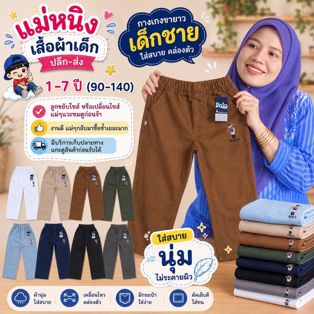 🐻กางเกงขายาวปักหมี ขาปล่อย เด็กชาย ผ้าดีมาก สีสด  สีไม่ได้ตก  ผ้าไม่หด