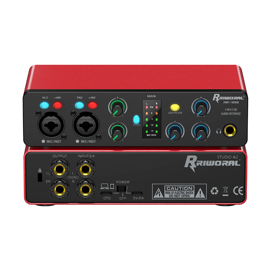 อินเทอร์เฟซเสียง  60DB แบบอินพุตคู่ เอาต์พุตสามตัว 24 บิต/192kHz พลัง Phantom 48V สำหรับบันทึกเสียง สตรีมมิ่ง