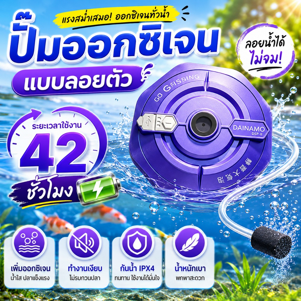 Dainamo ปั๊มออกซิเจนสำหรับตกปลา ปั๊มออกซิเจนลอยน้ำ – ใช้งานได้นาน 42 ชั่วโมง, 3 โหมด, กันน้ำ IPX7 และลอยตัวอัตโนมัติ