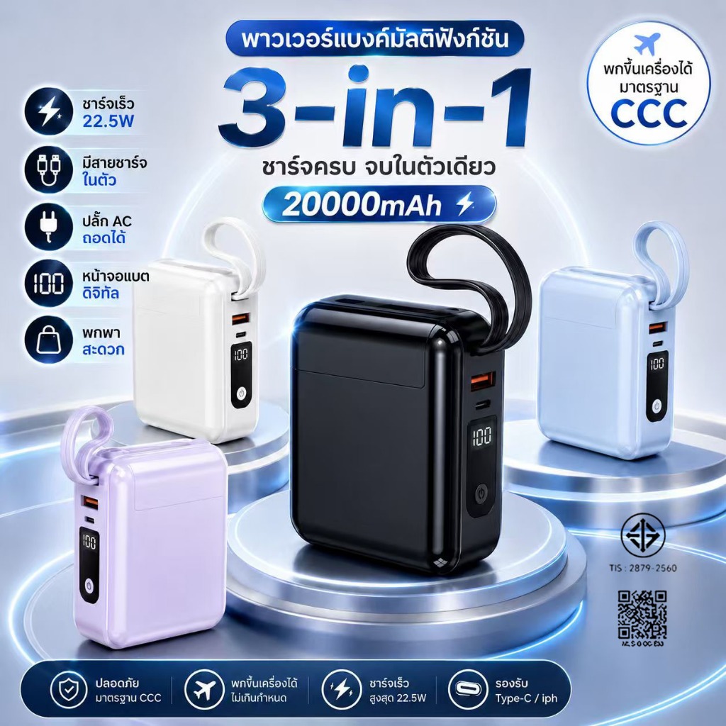 [CCCการรับรอง]NEW Power Bank แบตสํารอง 20000mAh ปลั๊กถอดได้ 4in1 ชาร์จเร็ว 22.5W มีสายในตัว แบตสํารอง ขึ้นเครื่องได้