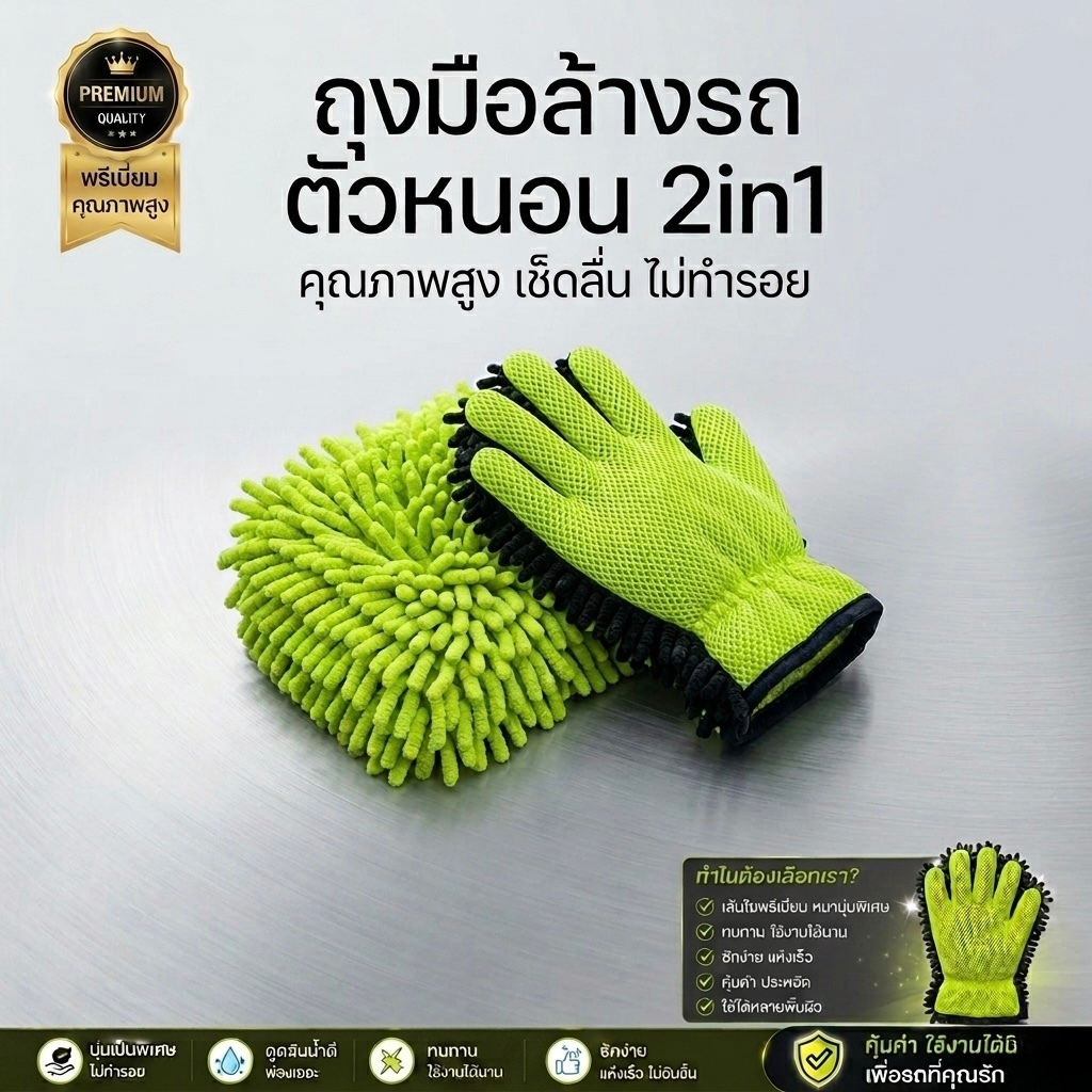 ถุงมือล้างรถหนอน 2in1 (2-in-1 Car Wash Microfiber Glove)