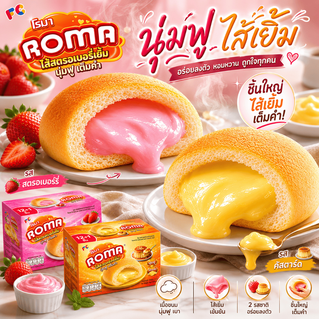 FCRoma เค้กสอดไส้ครีม คัสตาร์ด & สตรอว์เบอร์รี่ [2 กล่อง แถม 1] ขนมเค้กนุ่ม ได้รับ 39 ชิ้น