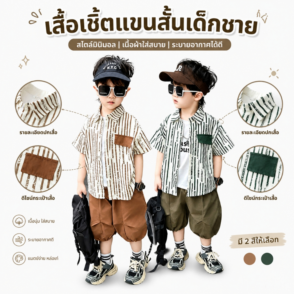 เสื้อเชิ้ตแขนสั้นเด็กชาย สไตล์เกาหลี เสื้อเด็กชายแขนสั้นลายทาง ระบายอากาศได้ดี เย็นสบาย ขนาด 80-140 ซม.