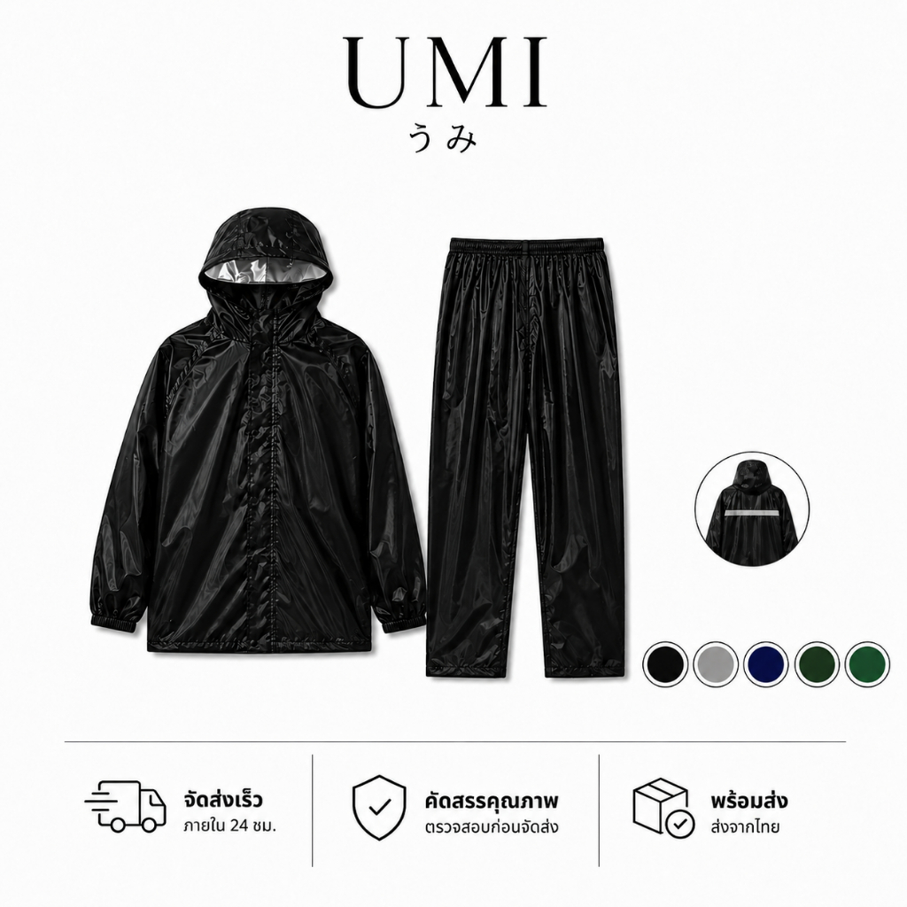 【พร้อมส่ง🚚】UMI หนาขึ้น ชุดกันฝน มีแถบสะท้อนแสง ผ้าหนา เสื้อ+กางเกงครบชุด กันฝนไรเดอร์ ชุดกันฝนผู้ใหญ่