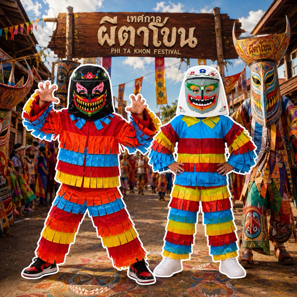 🇹🇭มีส่งแมส จาก กทม🇹🇭ชุดผีตาโขน พร้อมหน้ากากผ้า ผีตาโขน การละเล่นพื้นบ้าน
