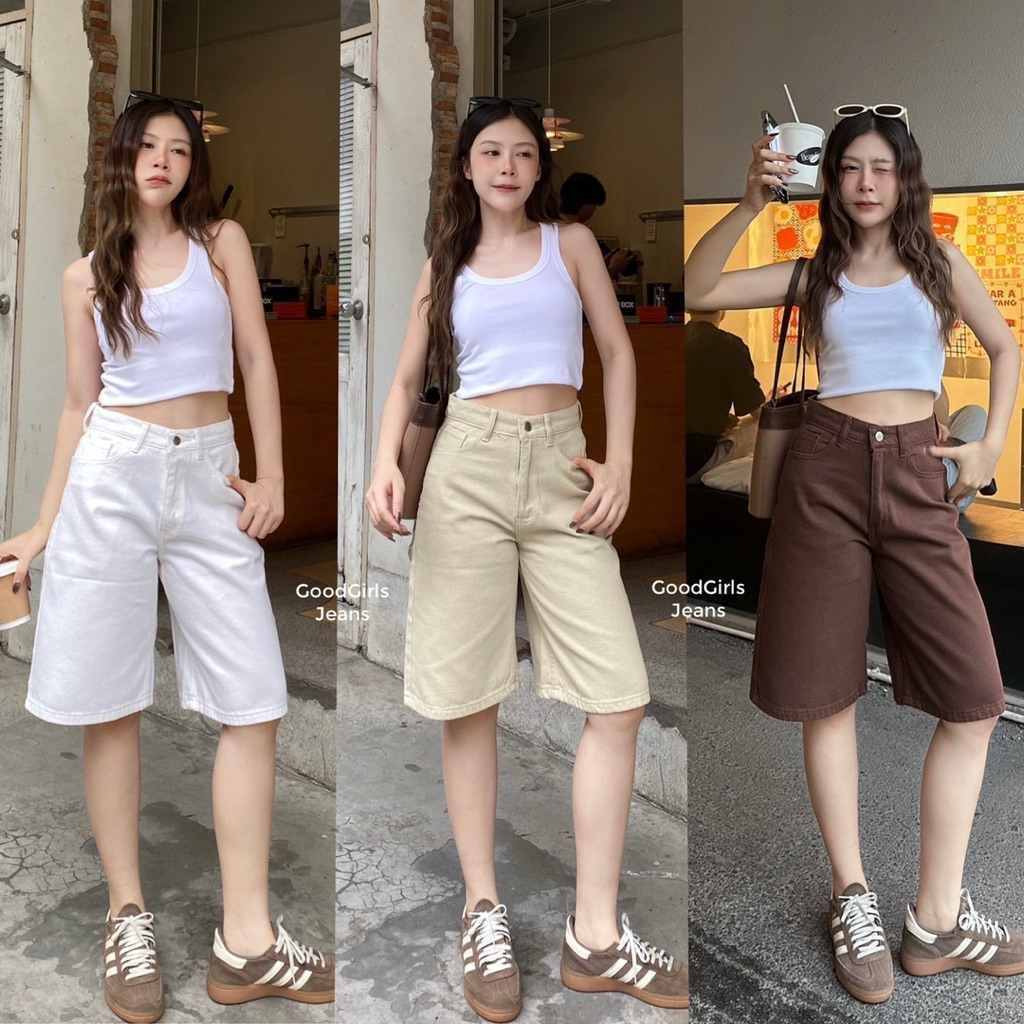 Double - DBGL07 Bermuda Jorts กางเกงยีนส์ขา 5 ส่วน สีมินิมอล