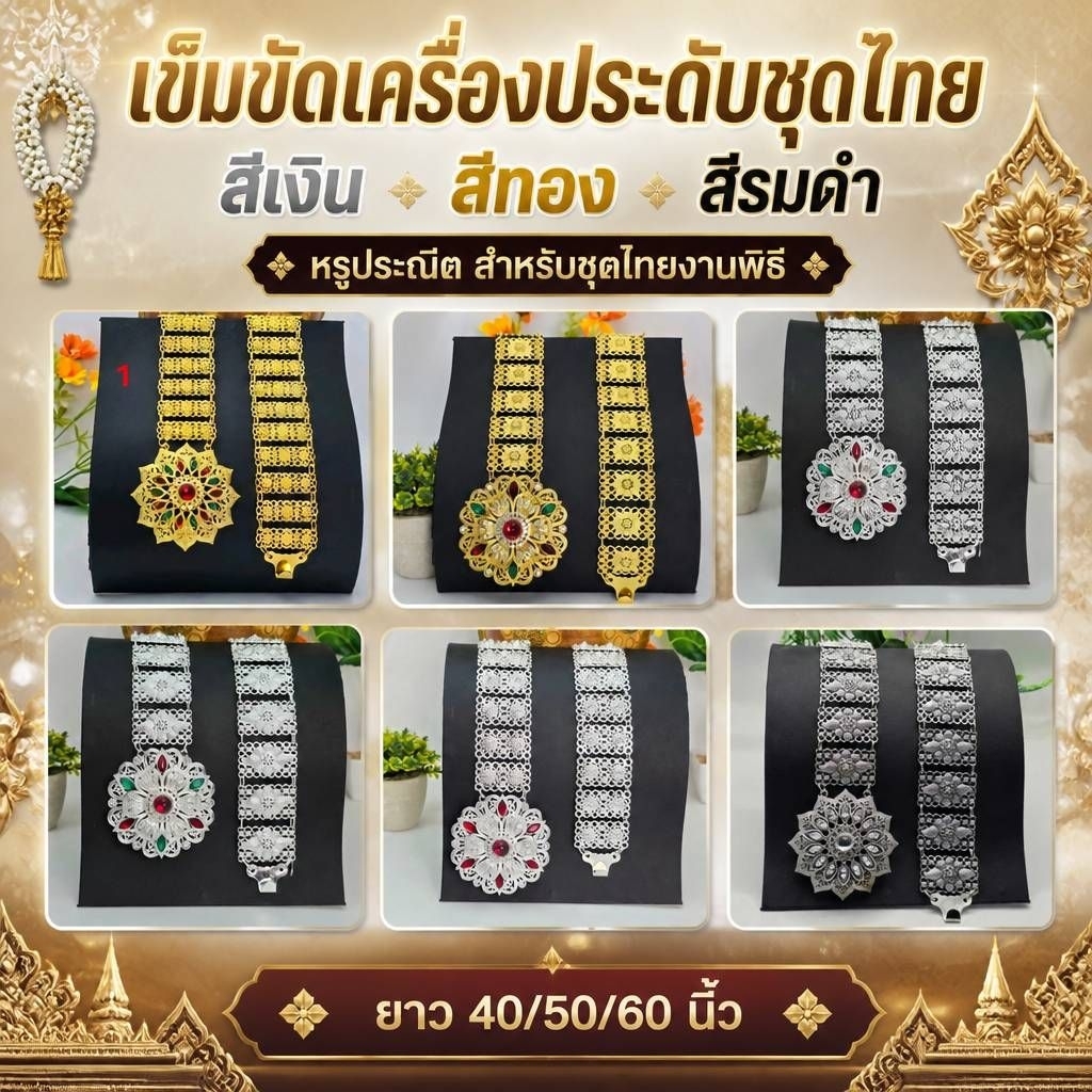 เข็มขัดเครื่องประดับ ชุดไทย สีเงิน สีทอง และสีรมดำ ความยาวขนาดไซค์พิเศษ