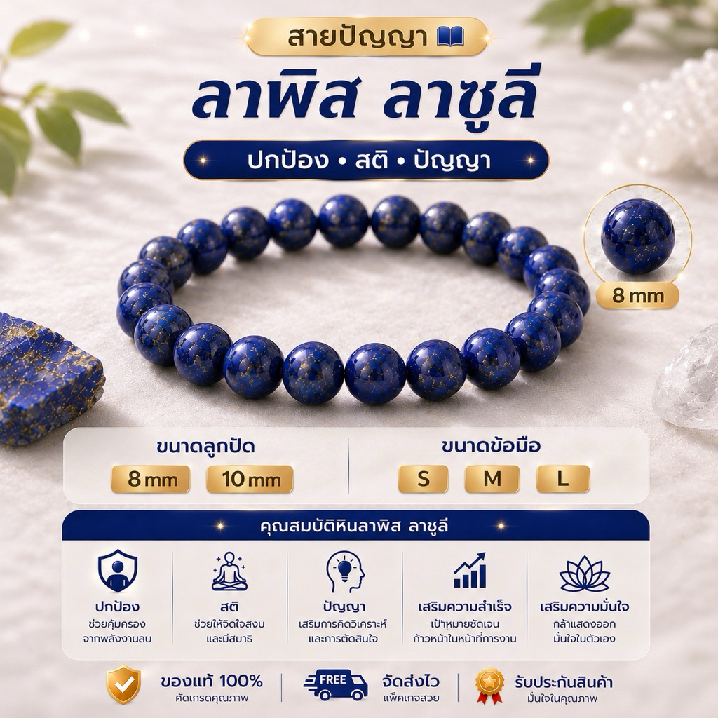 💙 กำไลหิน ลาพิส ลาซูลี (Lapis Lazuli) เสริมปัญญา ความมั่นใจ หินมงคล หินนำโชค 8 mm 10 mm S M L พร้อมส่ง