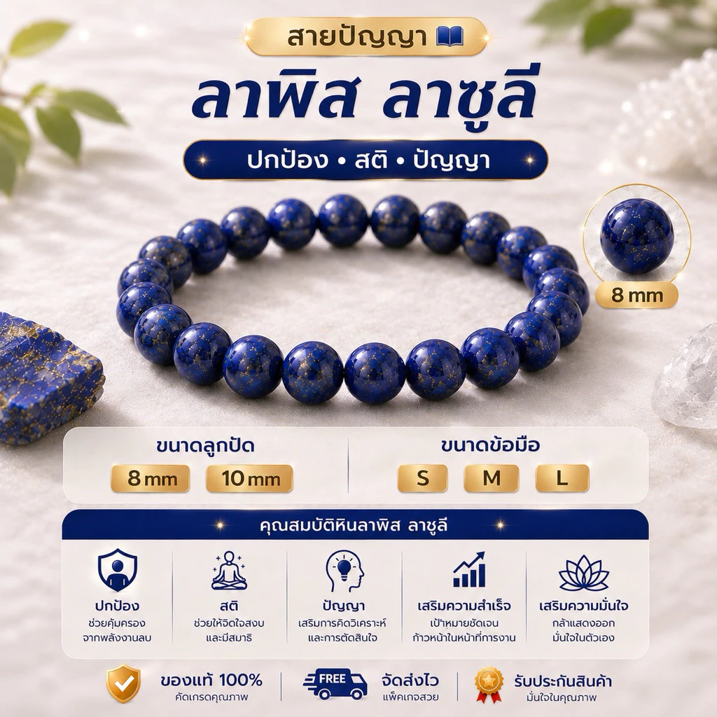 💙 กำไลหิน ลาพิส ลาซูลี (Lapis Lazuli) เสริมปัญญา ความมั่นใจ หินมงคล หินนำโชค 8 mm 10 mm S M L พร้อมส่ง