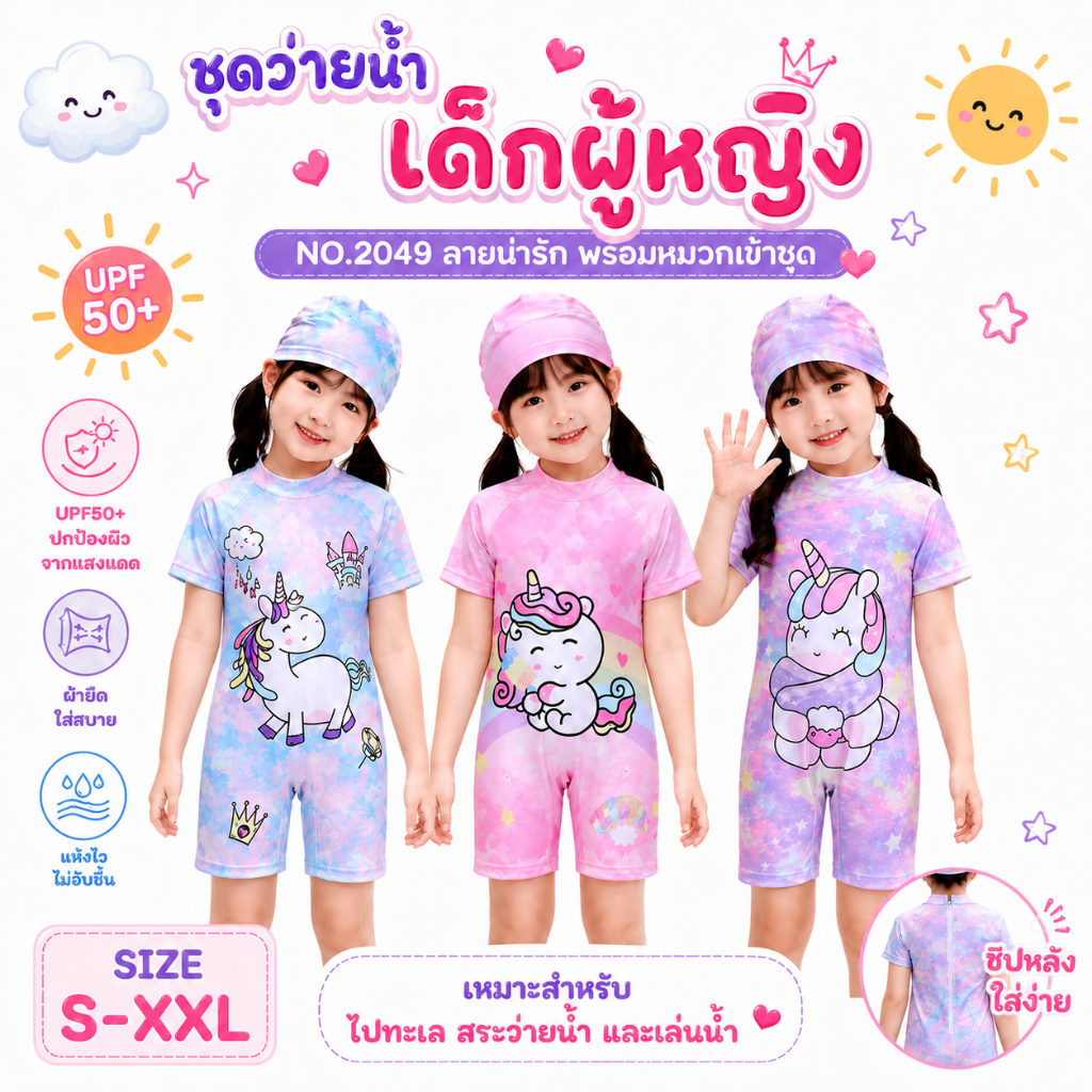 Summer Story 🦄🍭#2049 ชุดว่ายน้ำเด็กผู้หญิงสีมัดย้อมสกรีนลายการ์ตูนพร้อมหมวก
