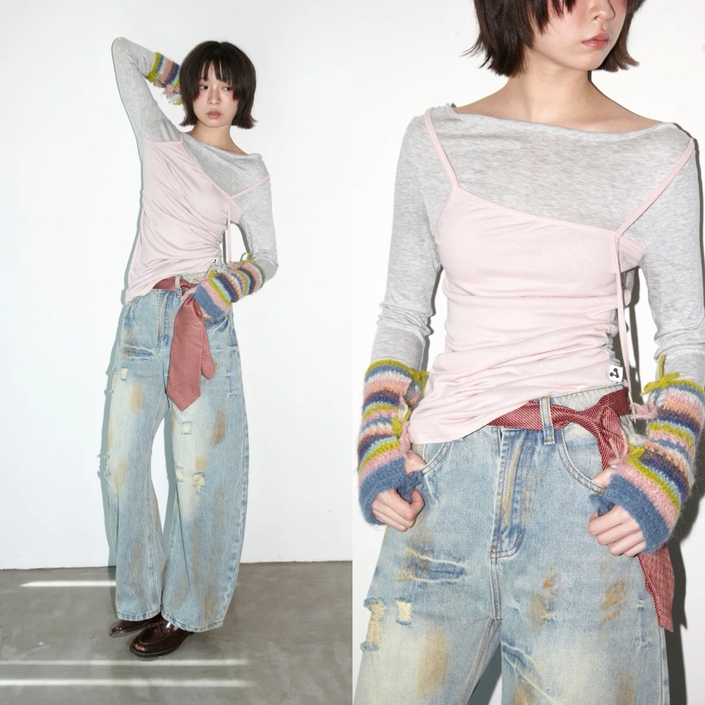 AMUSE BKK - Sera Top เสื้อเลเยอร์ทูโทนปาดไหล่ ดีไซน์แต่งสายยาวด้านหน้า